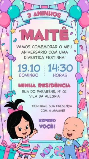 Convite de Aniversário Infantil Cléo e Cuquin Editável