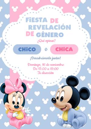 Invitación Revelación de Género Mickey y Minnie Bebé para Editar