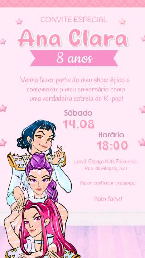 Convite de Aniversário Guerreiras do Kpop para Menina Editável