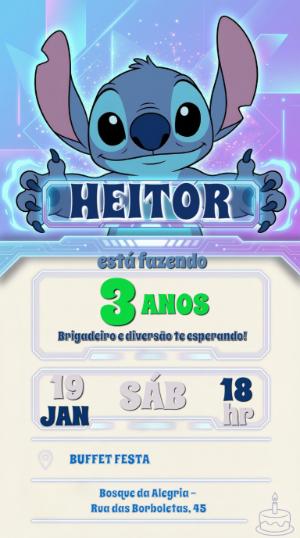Convite de Aniversário Stitch Gamer Neon para Editar