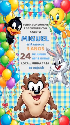 Convite de Aniversário Baby Looney Tunes Colorido para Editar