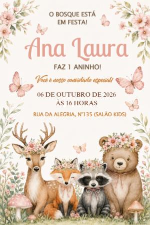 Convite de Aniversário Bosque Encantado Menina para Editar