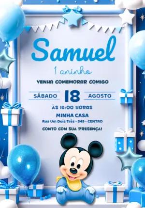 Convite de Aniversário Mickey Baby Azul Modelo Editável
