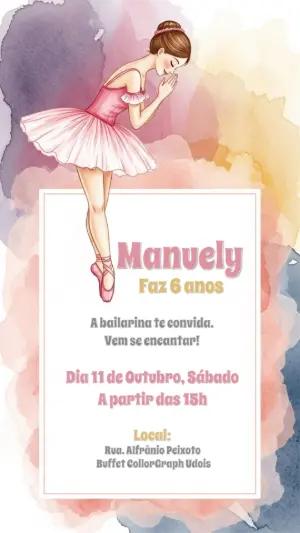 Convite Aniversário Bailarina Aquarela para Editar Online