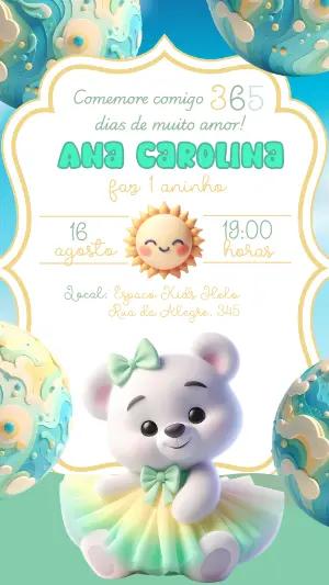 Convite Aniversário 1 Ano Ursinha Fofa para Editar Online