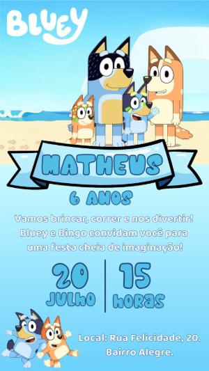 Convite de Aniversário Bluey e Bingo para Editar Online