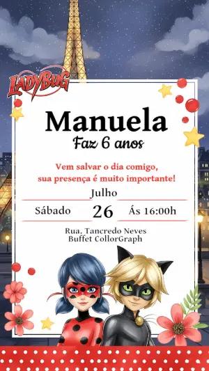 Convite de Aniversário Ladybug e Cat Noir para Editar Online