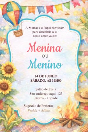 Convite Editável Chá Revelação Festa Junina Aquarela