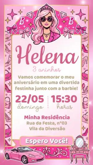 Convite de Aniversário Barbie Rosa e Dourado Editável