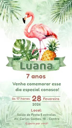 Convite de Aniversário Flamingo Tropical Aquarela para Editar