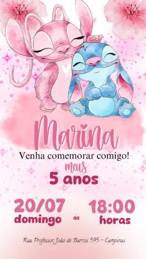 Convite Aniversário Stitch e Angel Rosa para Editar Online