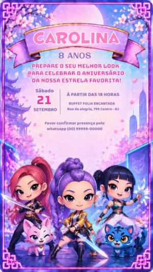 Convite de Aniversário Guerreiras do K-Pop Editável
