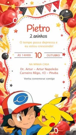 Convite de Aniversário Pokémon com Ash e Pikachu Editável