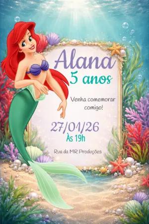 Convite Digital Pequena Sereia Ariel Editável para Aniversário