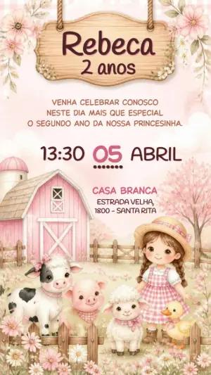Convite Editável Aniversário Fazendinha Rosa e Fazendeira