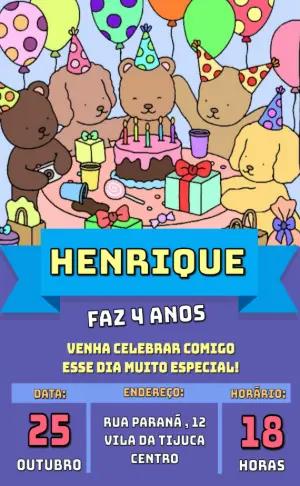 Convite de Aniversário Infantil com Ursinhos para Editar Online