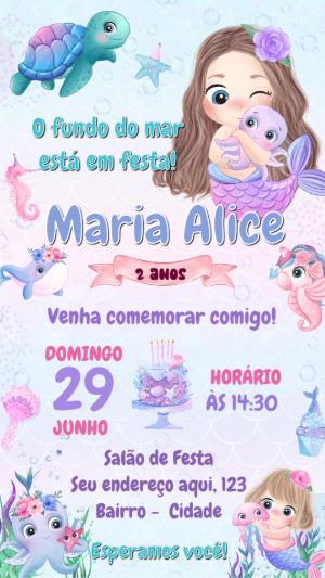 Convite Aniversário Sereia Fundo do Mar para Editar Online