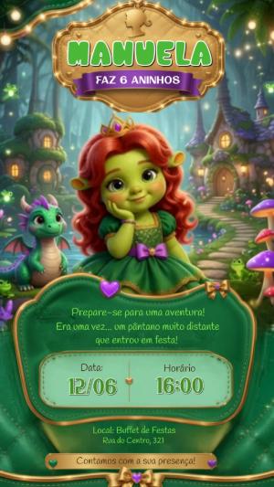 Convite Animado de Aniversário Shrek Fiona para Editar