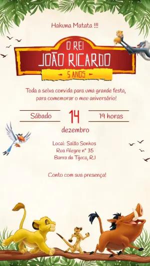 Convite de Aniversário O Rei Leão Editável com Tema da Selva