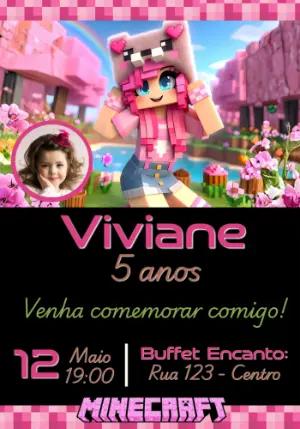 Convite de Aniversário Minecraft Menina Rosa com Foto Editável
