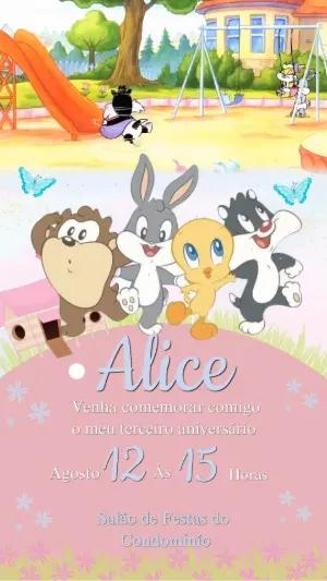 Convite Animado Aniversário Baby Looney Tunes para Editar Online