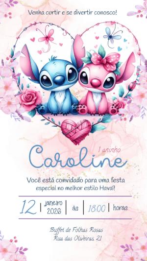Convite de Aniversário Stitch e Angel Aquarela para Editar