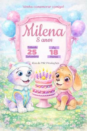 Convite de Aniversário Patrulha Canina Meninas Editável