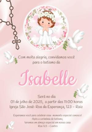 Convite de Batizado Anjinha Rosa para Editar Online