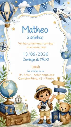 Convite de Aniversário Volta ao Mundo Editável para Menino