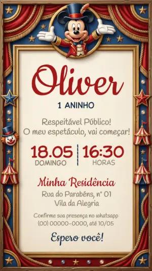 Convite de Aniversário Circo do Mickey Mouse para Editar