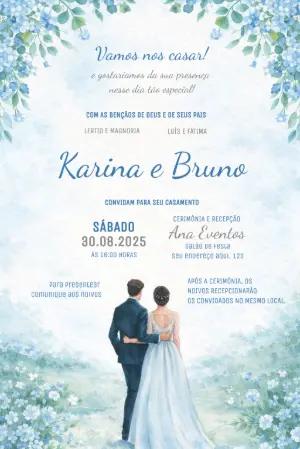 Convite de Casamento Aquarela Floral Azul Serenity Editável