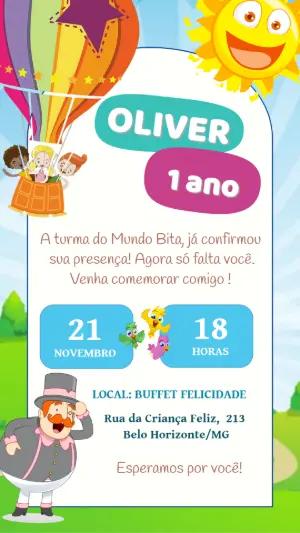 Convite Aniversário Mundo Bita com Balão para Editar Online