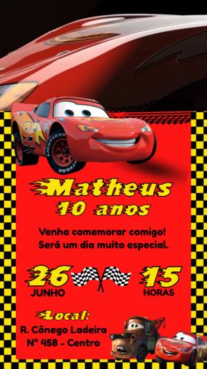 Convite Animado Aniversário Carros Relâmpago McQueen para Editar