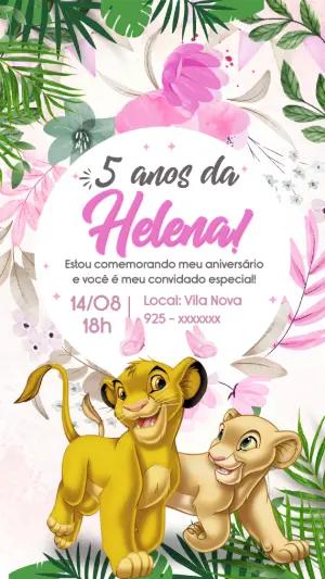 Convite Rei Leão Safari Rosa Floral para Editar