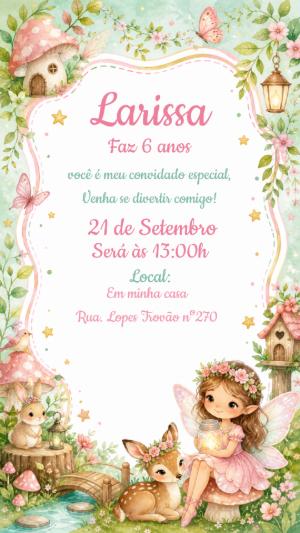 Convite Editável Aniversário Fada do Bosque Aquarela