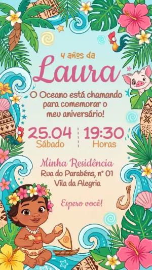 Convite de Aniversário Moana Baby Tropical para Editar