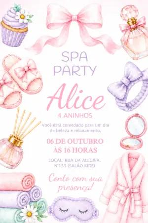 Convite de Aniversário Spa Party Menina Rosa Editável