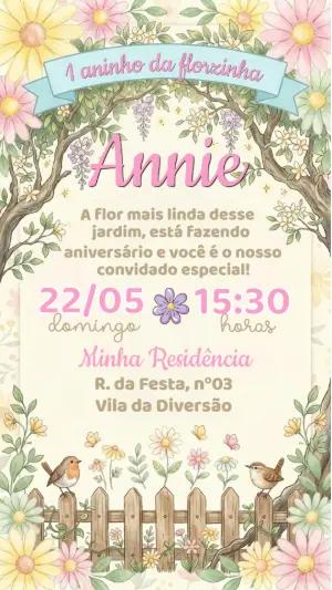 Convite de Aniversário Jardim das Flores Aquarela Editável