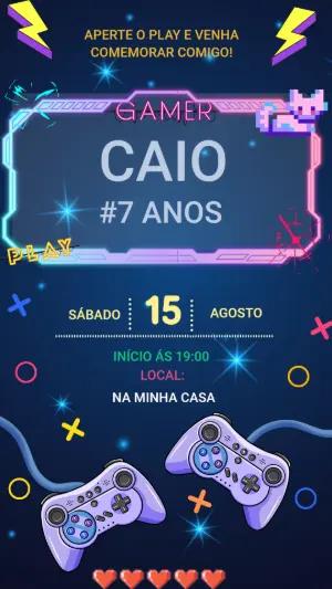Convite de Aniversário Gamer Neon Azul e Roxo para Editar