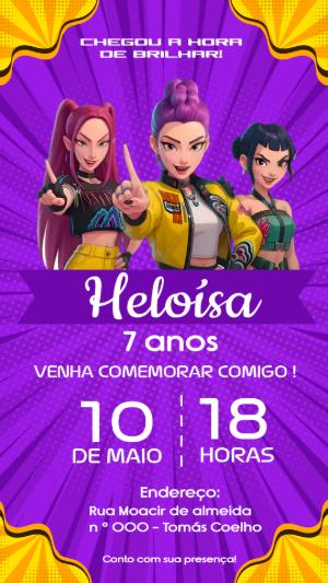 Convite de Aniversário Guerreiras do K-POP Modelo Editável