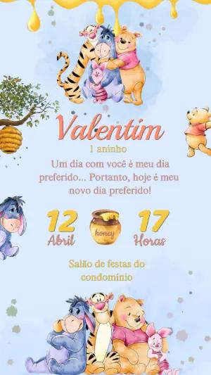Convite Ursinho Pooh Aquarela para Editar e Enviar
