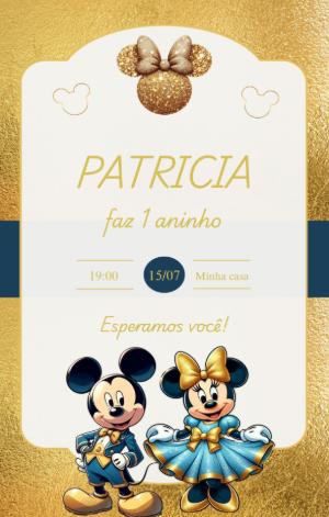 Convite Digital Mickey e Minnie Realeza Dourado para Editar