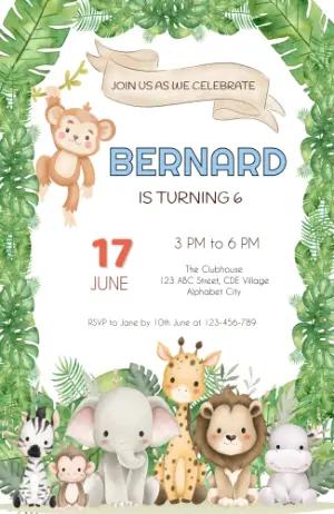 Cute Safari Animals Birthday Invitation - Editable Template