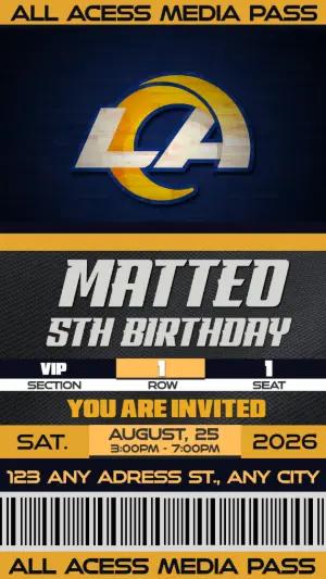 Editable Football Media Pass Birthday Invitation Los Angeles Rams. NFL