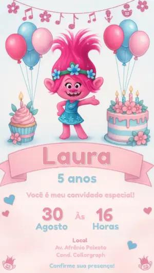 Convite de Aniversário Trolls Poppy Colorido para Editar