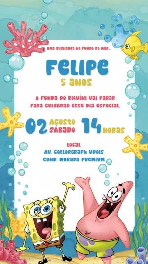 Convite Aniversário Bob Esponja com Personagens para Editar