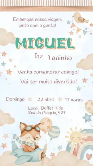 Convite Digital Aniversário Aviador Fofo Modelo Editável