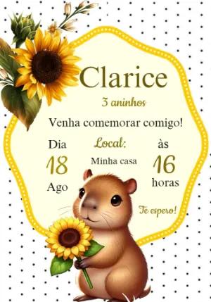 Convite Aniversário Capivara com Girassol para Editar Online