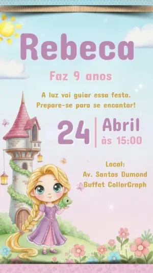 Convite de Aniversário Rapunzel em Aquarela para Editar