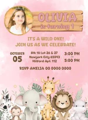 Wild One Safari 1st Birthday Invitation Editable Template with photo